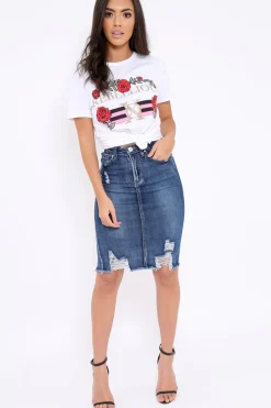 Rebellious Fashion Denim Distressed Midi Skirt - Diana