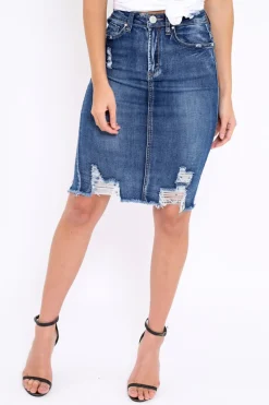 Rebellious Fashion Denim Distressed Midi Skirt - Diana