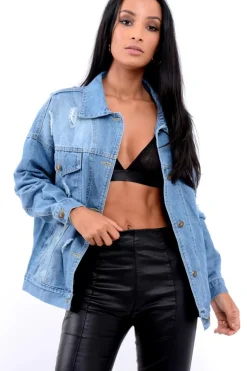 Rebellious Fashion Denim Distressed Oversized Jacket with Floral Embroidery - Preena