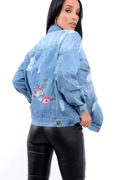 Rebellious Fashion Denim Distressed Oversized Jacket with Floral Embroidery - Preena