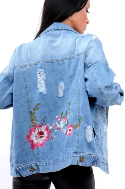 Rebellious Fashion Denim Distressed Oversized Jacket with Floral Embroidery - Preena