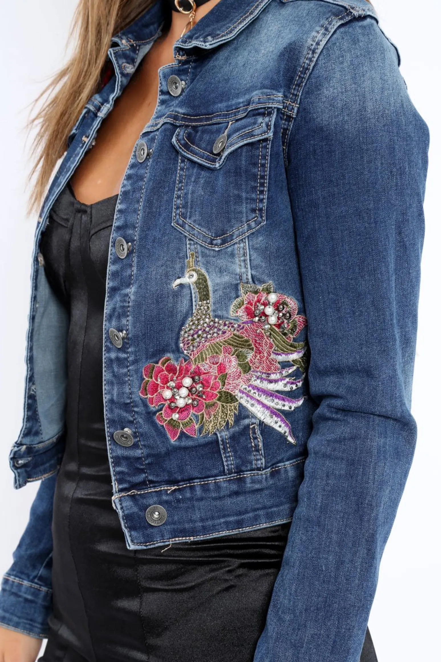 Rebellious Fashion Denim Embroidered and Beaded Jacket - Brittni
