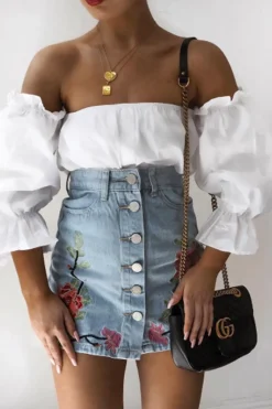 Rebellious Fashion Denim Embroidered Button Front Skirt - River