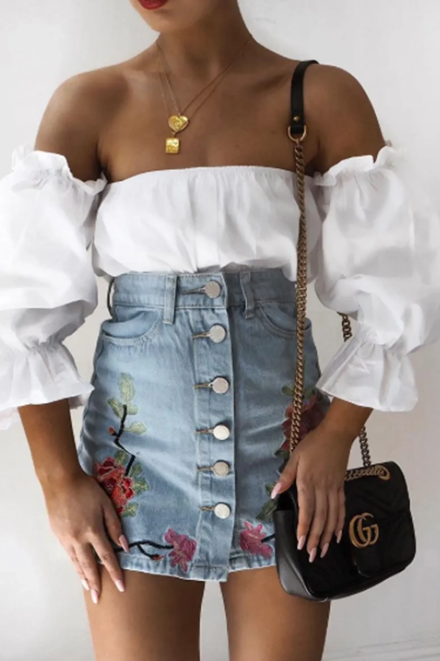 Rebellious Fashion Denim Embroidered Button Front Skirt - River