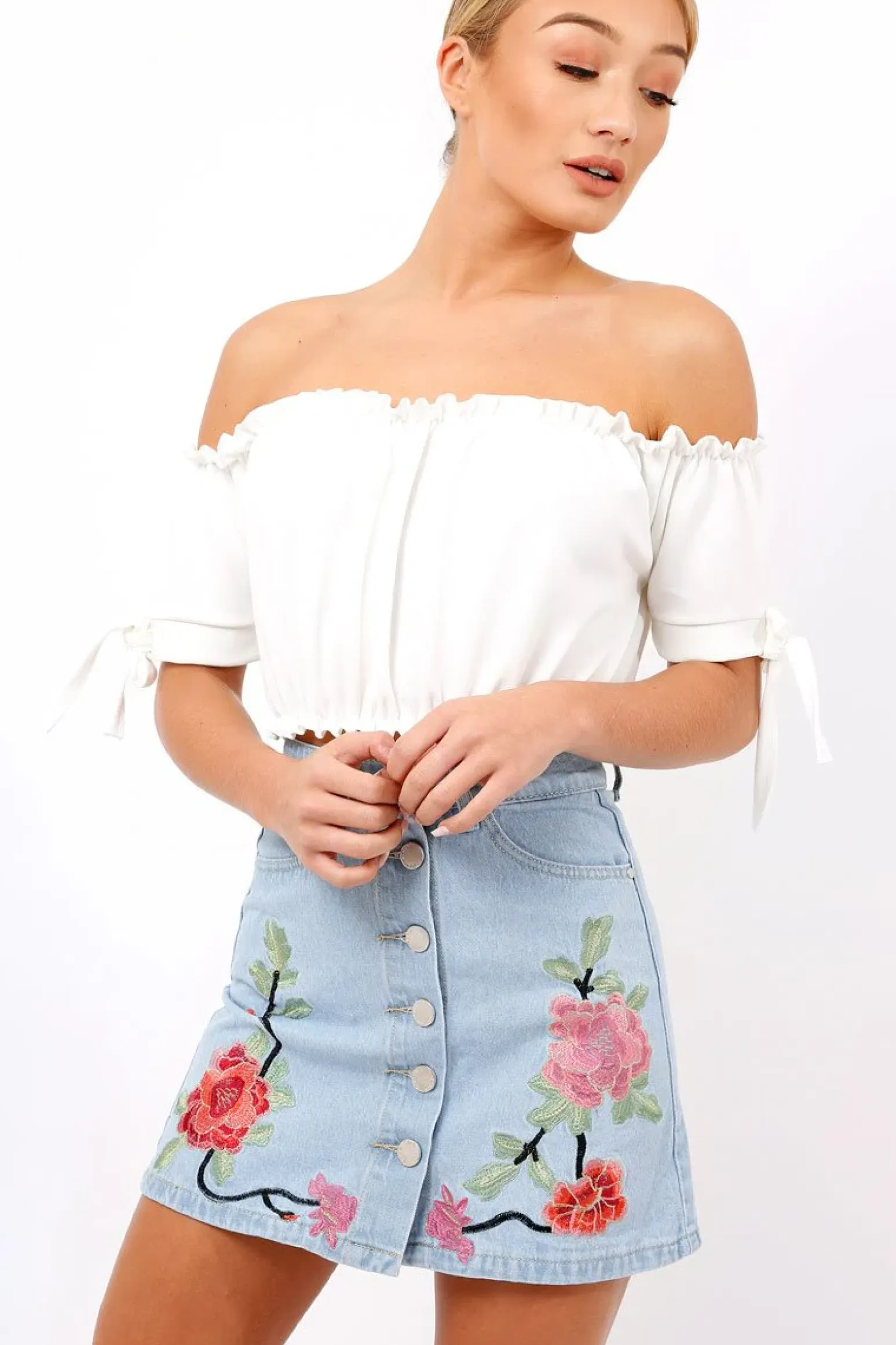 Rebellious Fashion Denim Embroidered Button Front Skirt - River