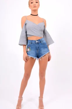 Rebellious Fashion Denim Floral Embroidered High Waisted Shorts - Lyra