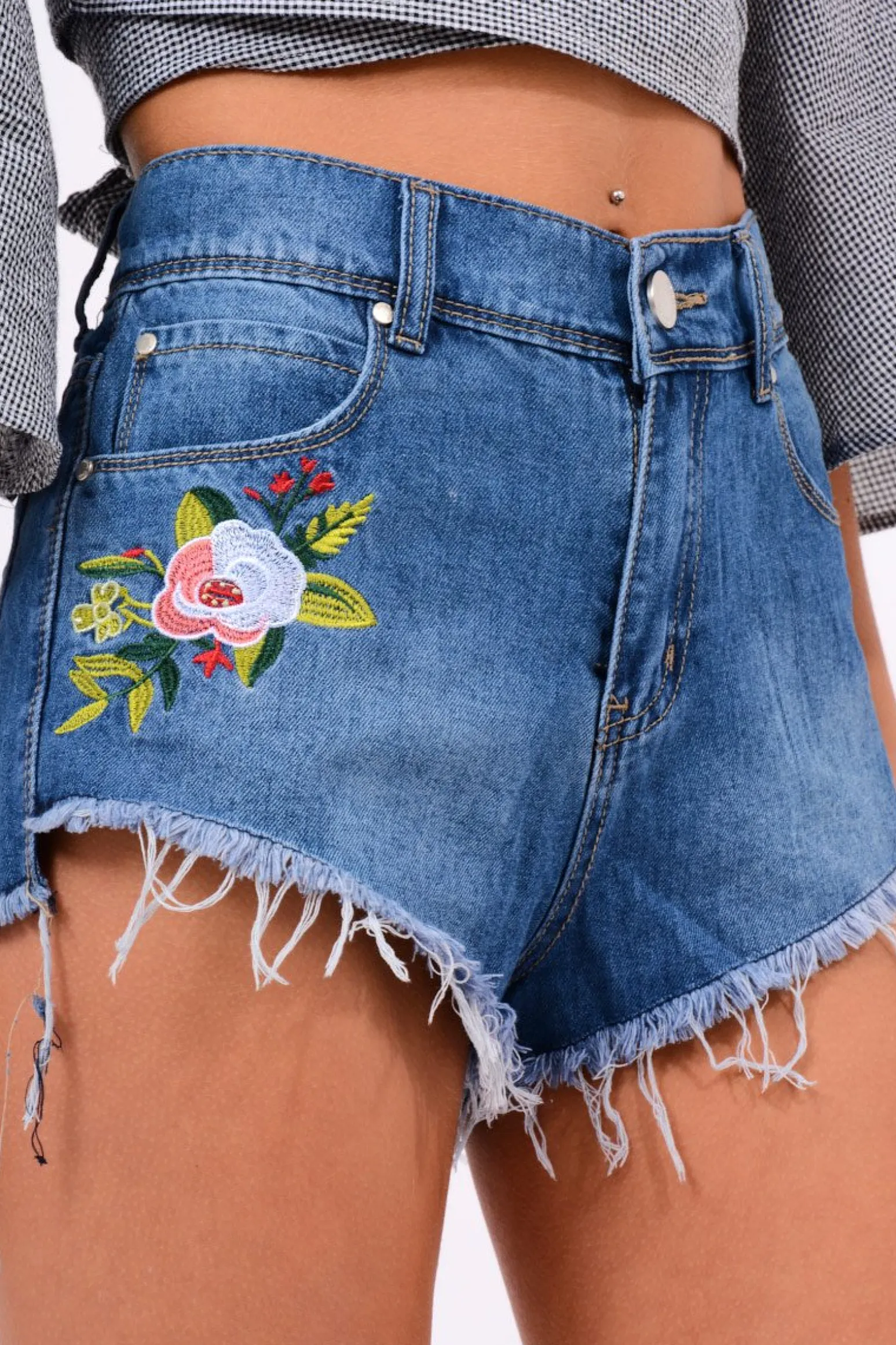 Rebellious Fashion Denim Floral Embroidered High Waisted Shorts - Lyra