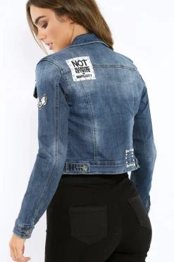 Rebellious Fashion Denim Patch and Stud Jacket - Brittni