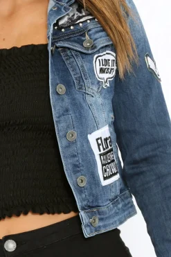 Rebellious Fashion Denim Patch and Stud Jacket - Brittni
