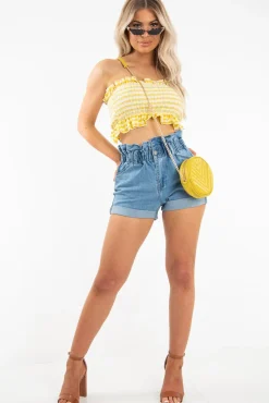 Rebellious Fashion Denim Ruffle Waist Shorts - Bessie
