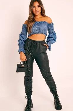 Rebellious Fashion Denim Shirred Wrap Over Bardot Crop Top - Zuri