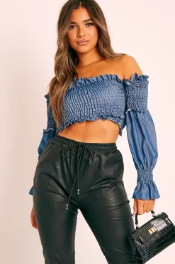 Rebellious Fashion Denim Shirred Wrap Over Bardot Crop Top - Zuri