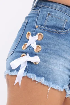 Rebellious Fashion Denim Side Lace Up Eyelet Shorts - Aleda