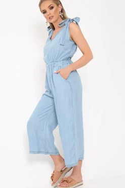 Rebellious Fashion Denim Tie Shoulder Jumpsuit - Zariel