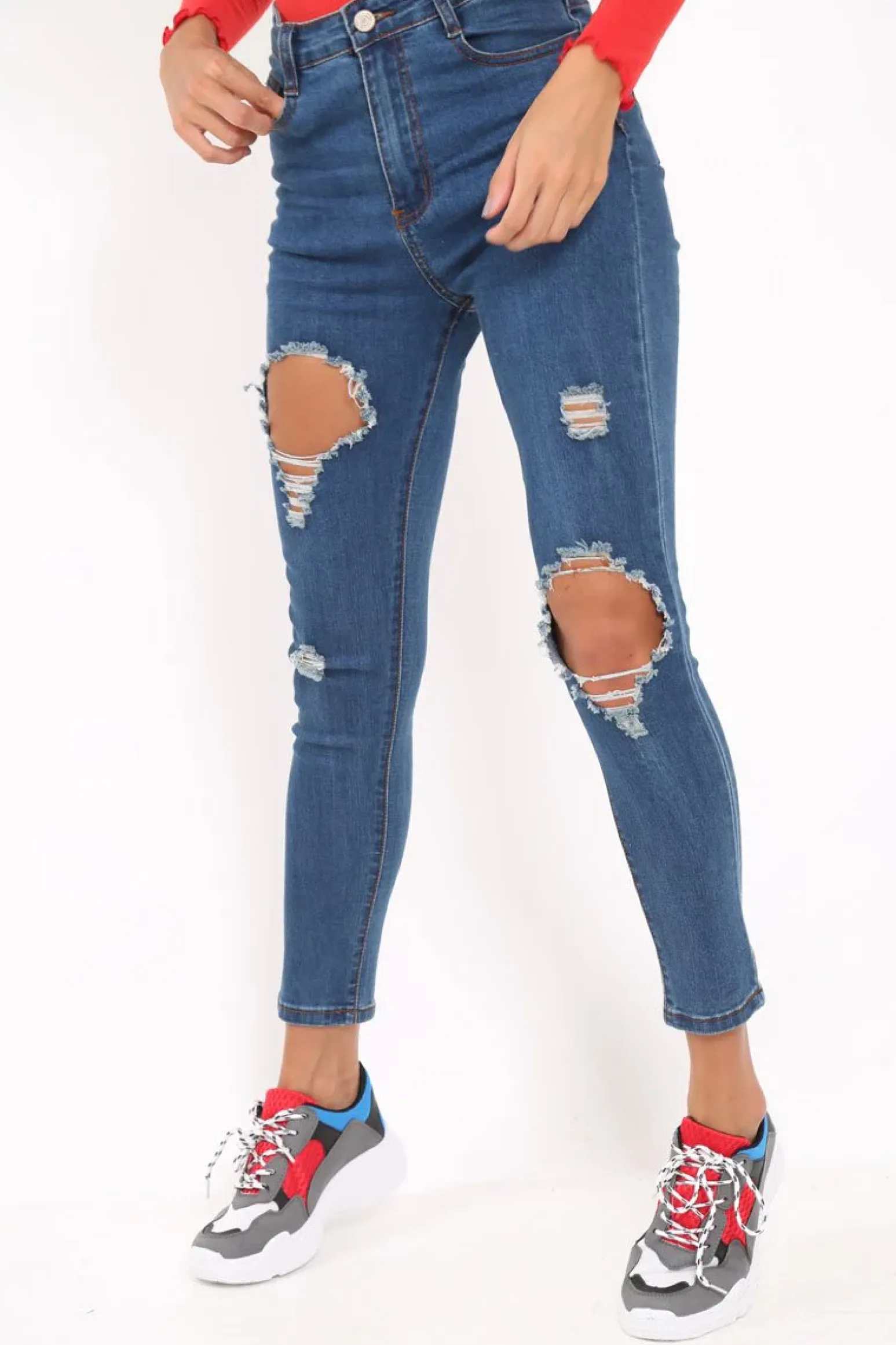 Rebellious Fashion Distressed Dark Denim Skinny Jeans - Delanie