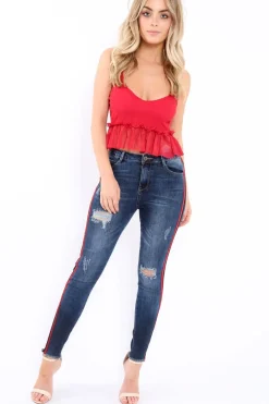 Rebellious Fashion Distressed Denim Jeans with Side Stripes - Abel