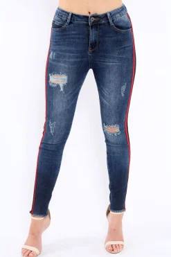 Rebellious Fashion Distressed Denim Jeans with Side Stripes - Abel