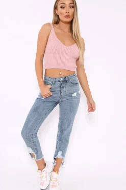 Rebellious Fashion Distressed Split Hem Mom Jeans - Dekota