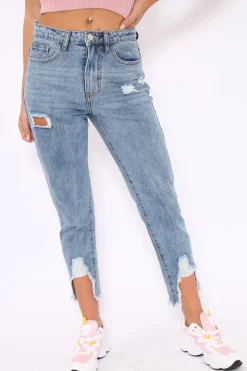 Rebellious Fashion Distressed Split Hem Mom Jeans - Dekota