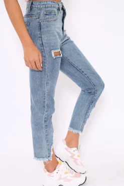 Rebellious Fashion Distressed Split Hem Mom Jeans - Dekota