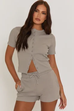 Rebellious Fashion Dove Grey Button Front Top and Short Co-ord Set - Dua
