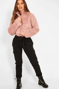 Rebellious Fashion Dusky Pink Borg Zip Front Crop Jacket - Kazi