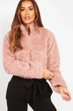 Rebellious Fashion Dusky Pink Borg Zip Front Crop Jacket - Kazi