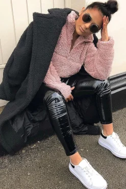 Rebellious Fashion Dusky Pink Borg Zip Front Crop Jacket - Kazi