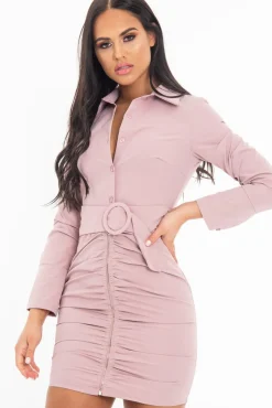 Rebellious Fashion Dusky Pink Button Zip Detail Belted Shirt Dress - Arabelle