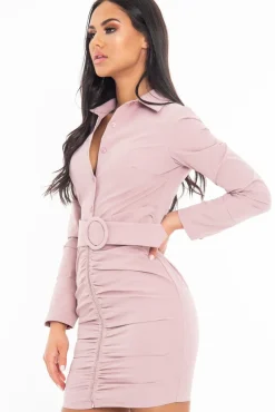 Rebellious Fashion Dusky Pink Button Zip Detail Belted Shirt Dress - Arabelle