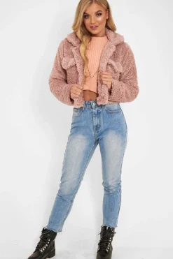 Rebellious Fashion Dusky Pink Cropped Borg Popper Button Coat - Ezmerelda