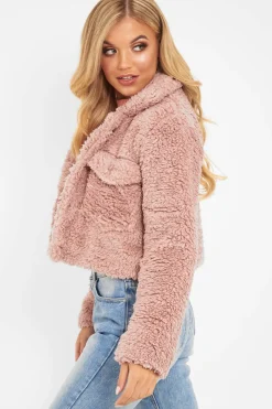 Rebellious Fashion Dusky Pink Cropped Borg Popper Button Coat - Ezmerelda