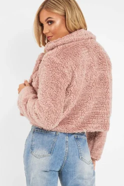 Rebellious Fashion Dusky Pink Cropped Borg Popper Button Coat - Ezmerelda