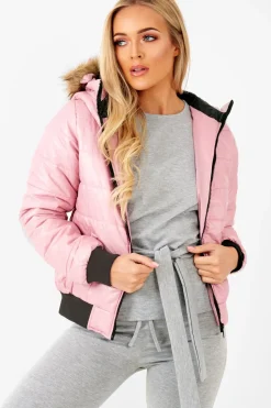 Rebellious Fashion Dusky Pink Faux Fur Hooded Puffer Coat - Kamorah
