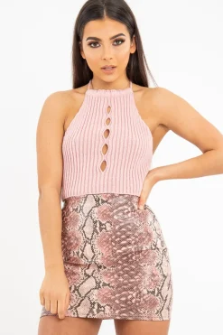 Rebellious Fashion Dusky Pink Knit Halterneck Button Crop Top - Penina