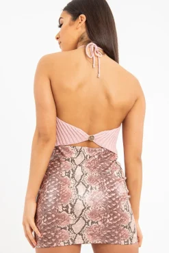 Rebellious Fashion Dusky Pink Knit Halterneck Button Crop Top - Penina