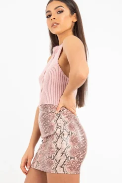 Rebellious Fashion Dusky Pink Knit Halterneck Button Crop Top - Penina