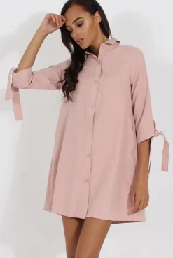 Rebellious Fashion Dusky Pink Suede Tie Cuff Oversized Shirt Dress - Deborah