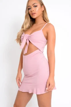 Rebellious Fashion Dusky Pink Tie Front Ruffle Hem Mini Dress - Darianna