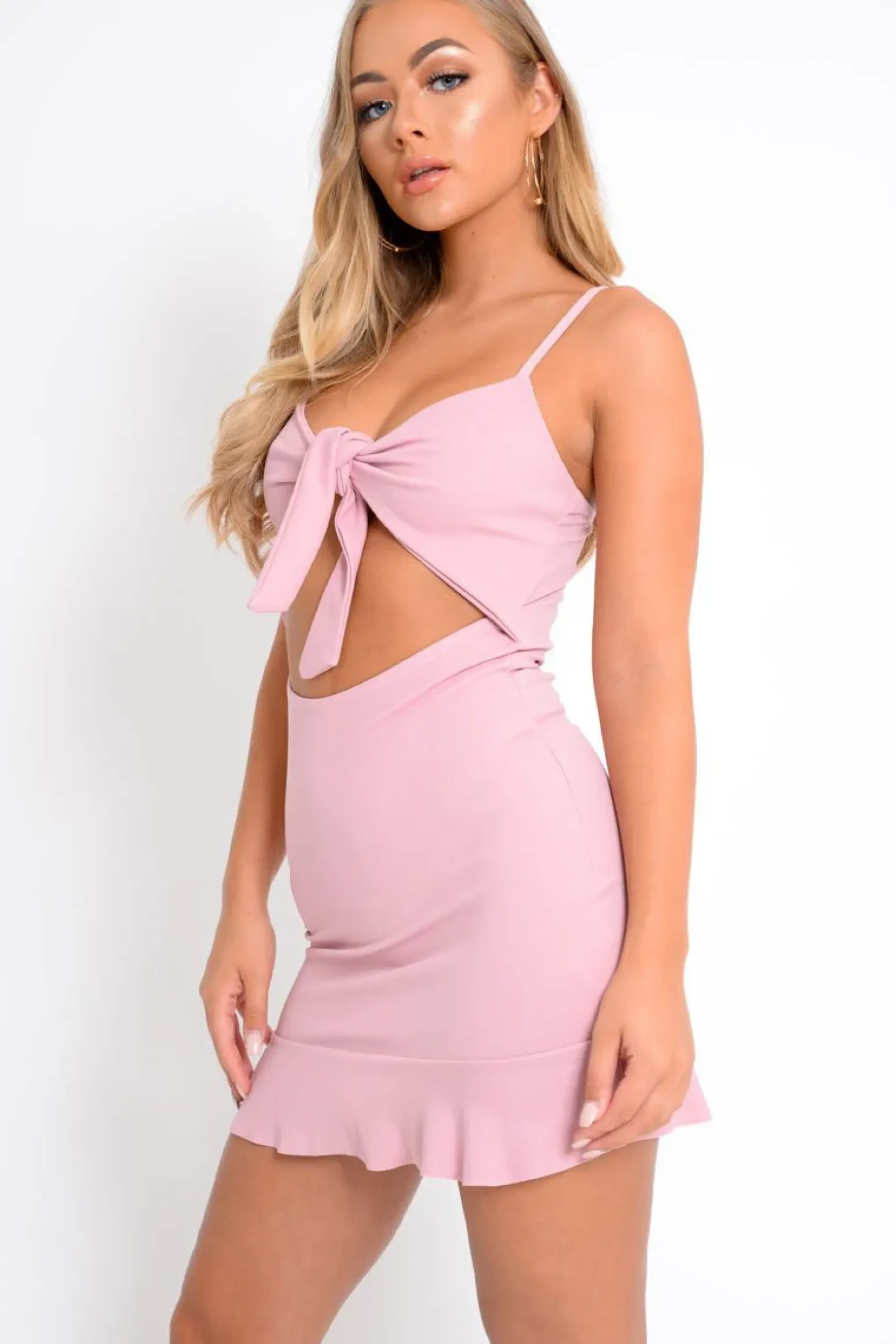 Rebellious Fashion Dusky Pink Tie Front Ruffle Hem Mini Dress - Darianna