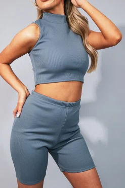 Rebellious Fashion Dusty Blue Contour Rib Tank Crop Top - Chaya
