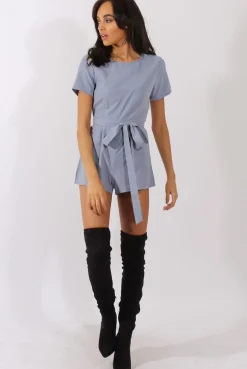 Rebellious Fashion Dusty Blue Tie Back Playsuit - Lunah