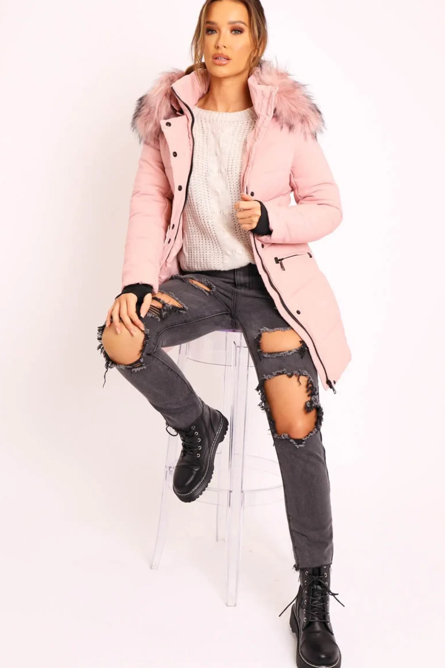 Rebellious Fashion Dusty Pink Adjustable Waist Longline Puffer Coat - Zofia