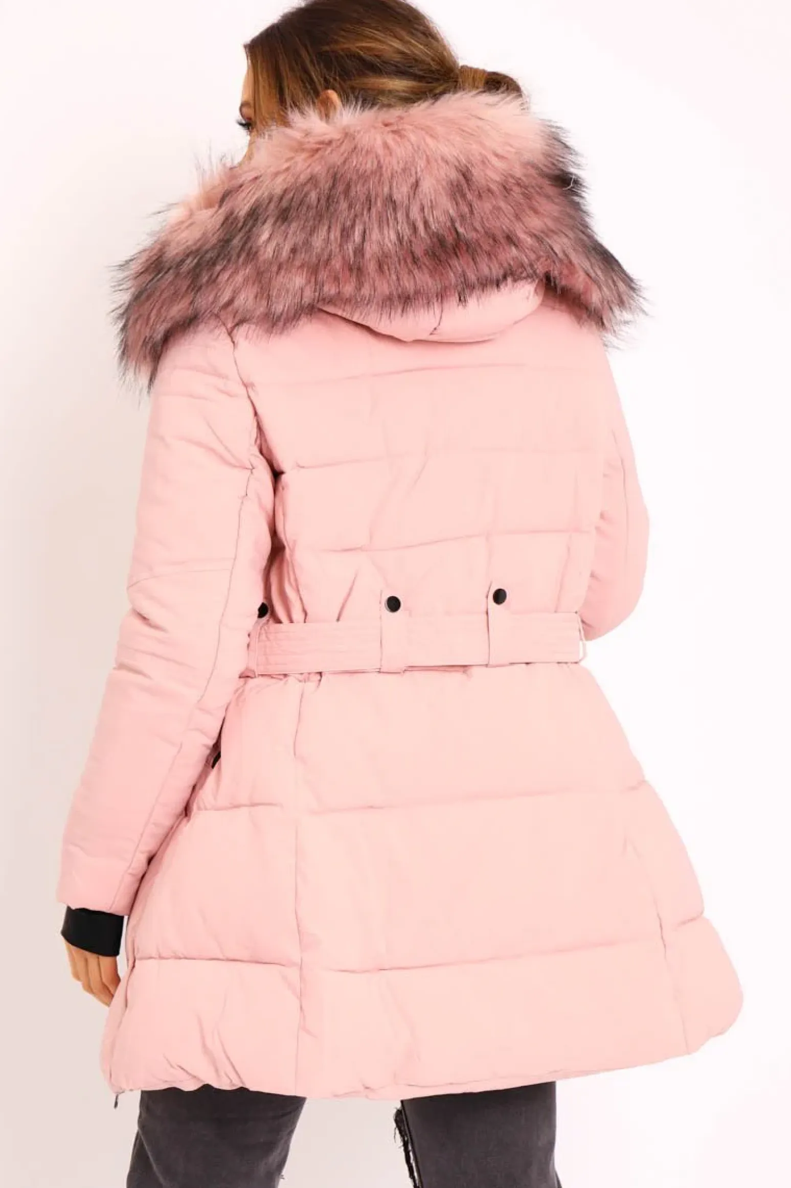 Rebellious Fashion Dusty Pink Adjustable Waist Longline Puffer Coat - Zofia