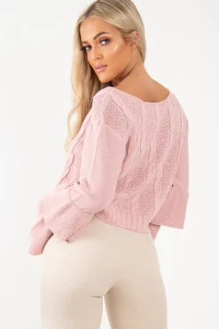 Rebellious Fashion Dusty Pink Chunky Knit Sleeve Detail Jumper - Lillienne
