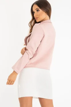 Rebellious Fashion Dusty Pink Faux Suede Zip Front Biker Jacket - Isadora