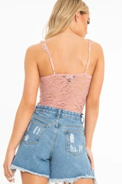 Rebellious Fashion Dusty Pink Lace Mesh Stripe Cup Detail Bodysuit - India