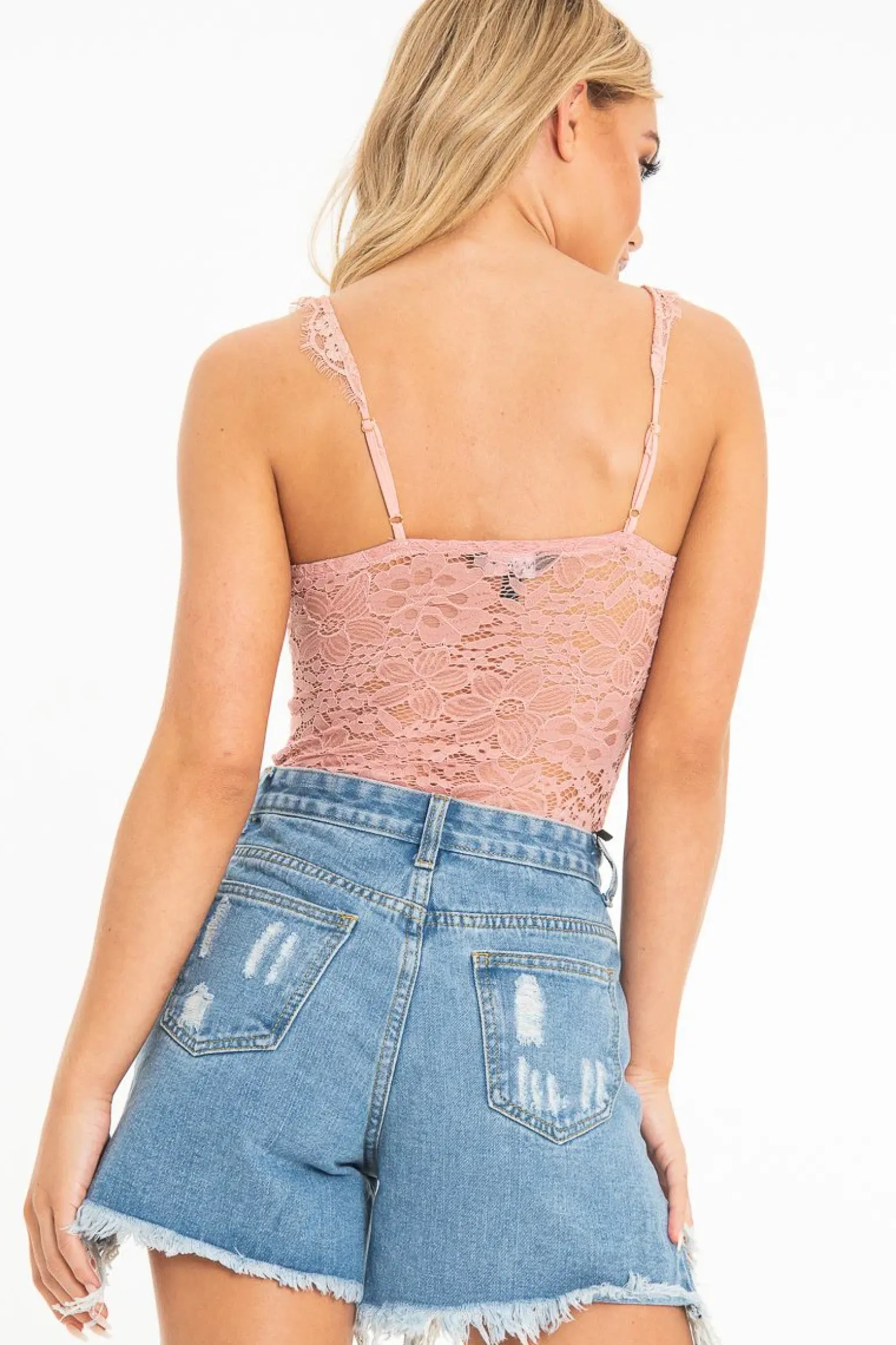 Rebellious Fashion Dusty Pink Lace Mesh Stripe Cup Detail Bodysuit - India