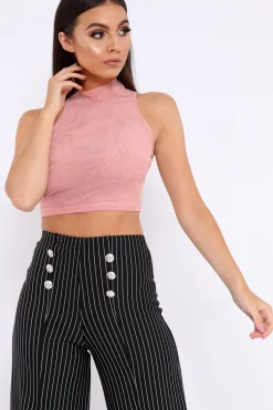 Rebellious Fashion Dusty Pink Mesh Round Neck Crop Top - Carii