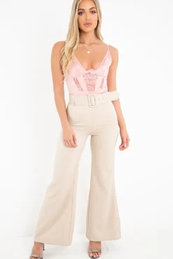 Rebellious Fashion Dusty Pink Satin Lace Plunge Bodysuit - Zaida